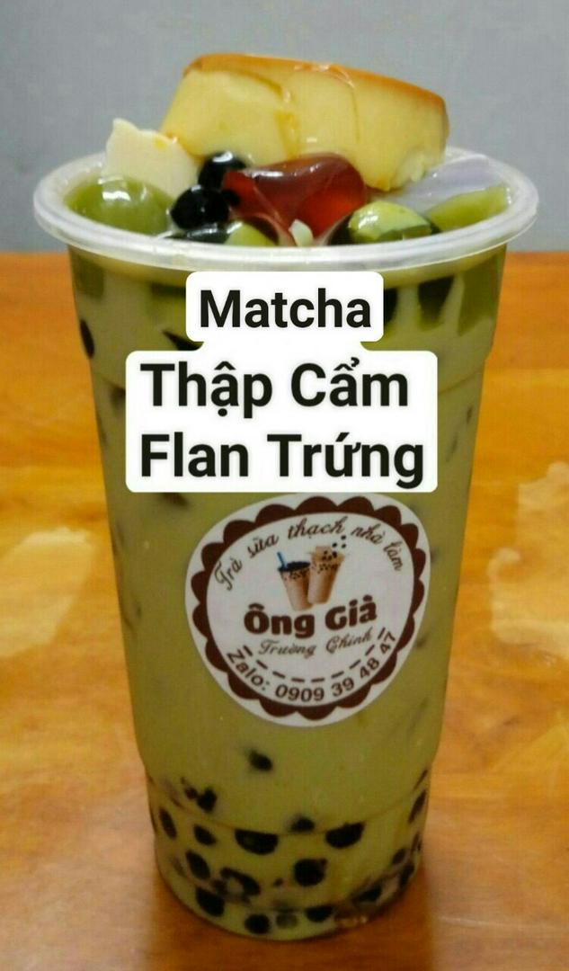 tra-sua-matcha-thap-cam-flan-trung